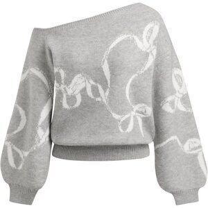 Women’s Grey CIDER One Shoulder Bowknot Knit Pullover Sweater